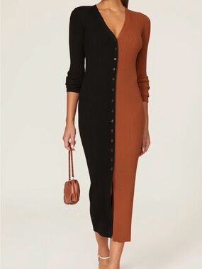 STAUD Shoko Color Block Black and Brown Ribbed Button-Front Midi Dress